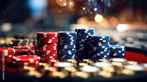 Poker chips and dice in the casino background.