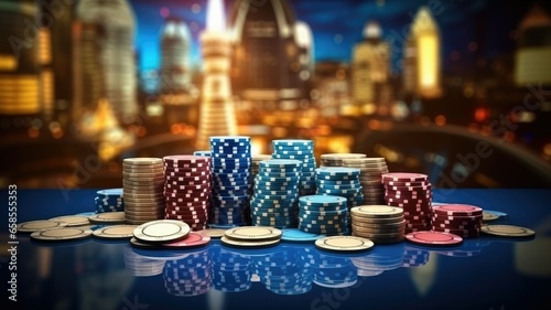 Poker chips and dice in the casino background.