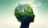 head with symbol on green and nature. The image shows how people are thinking about protecting the environment, lowering their carbon footprint, and creating sustainable urban communities for the futu
