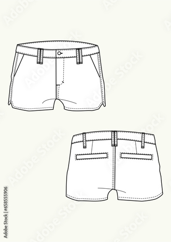 short donna con spacchi e zip disegno piatto sketch fashion illustration fronte e retro mock up vetttoriale