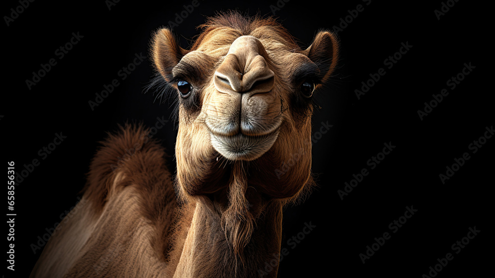 Fototapeta premium Camel on black background, in the style of contemporary realism portrait.