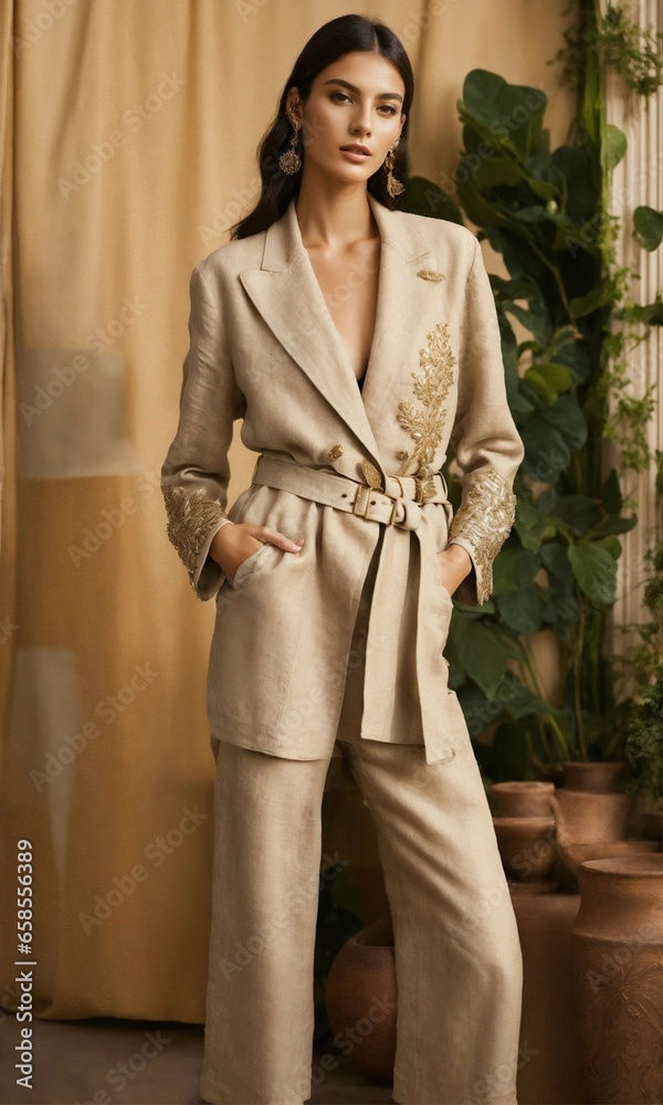 Ultra realistic full body photo of a female model wearing beige linen summer belted jacket  