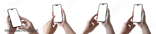 adult hands holding smartphone blank touch screen isolated on transparent background.