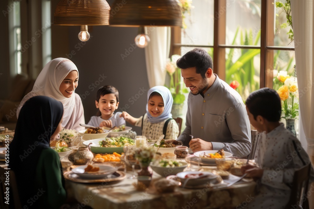 Asian Muslim family enjoying their dinner at eid mubarak