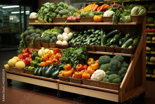 Fresh vegetables neatly arranged on market shelves. A colorful celebration of nature's bounty. Ai generated © twindesigner