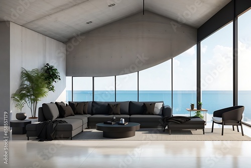 Minimal loft style living room with sea view, there are polished concrete floor decorate with black fabric furniture overlooking terrace behide. apartment