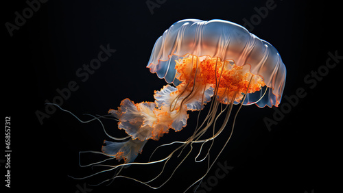 Jellyfish on black background, in the style of contemporary realism portrait. © Andriy