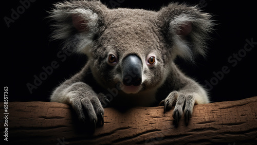 Koala on black background, in the style of contemporary realism portrait.