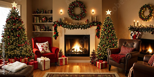 Christmas tree in decorated living room. Family home winter season decoration. Present and gift boxes on Xmas eve.fireplace with Christmas stockings in beautifully decorated living room photo