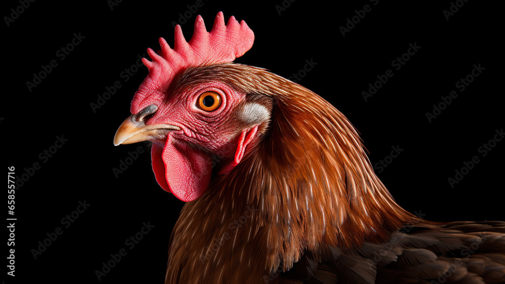 Chicken on black background, in the style of contemporary realist portrait.