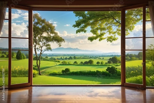 landscape nature view background. view from window at a wonderful landscape nature view. indoor