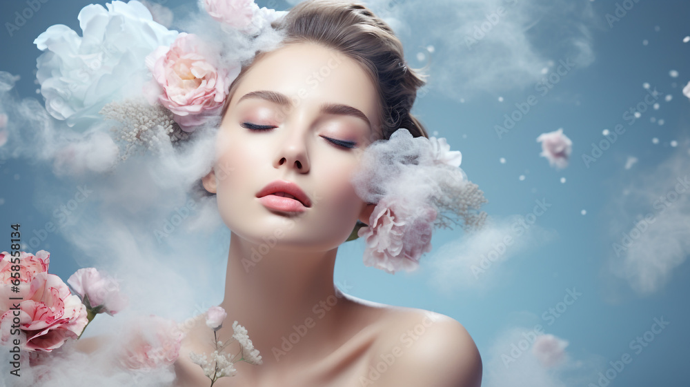 A beautiful woman standing on a blue, rose cosmetics background. Shampoo advertisement, body wash advertisement photo. cosmetics photo, beauty industry advertising photo. A beautiful woman standing on a blue, rose cosmetics background. Shampoo advertisement, body wash advertisement photo. cosmetics photo, beauty industry advertising photo.