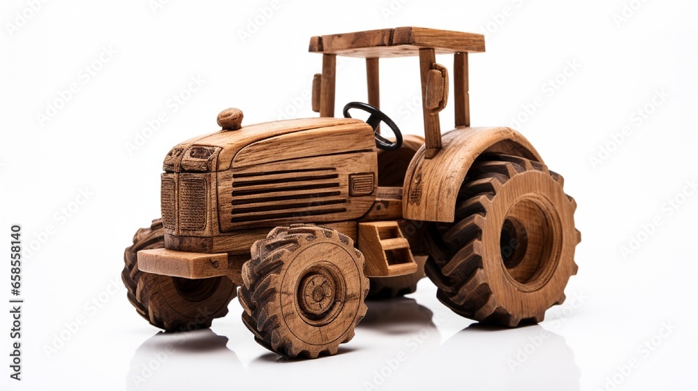Tractor figurine made of wood with a white backdrop Tractor figurine made of wood with a white backdrop