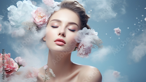 A beautiful woman standing on a blue, rose cosmetics background. Shampoo advertisement, body wash advertisement photo. cosmetics photo, beauty industry advertising photo.