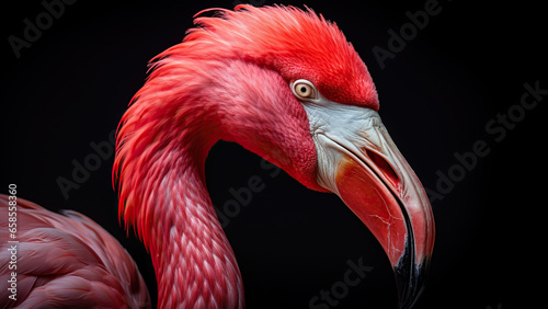 Flamingo on black background, in the style of contemporary realism portrait.