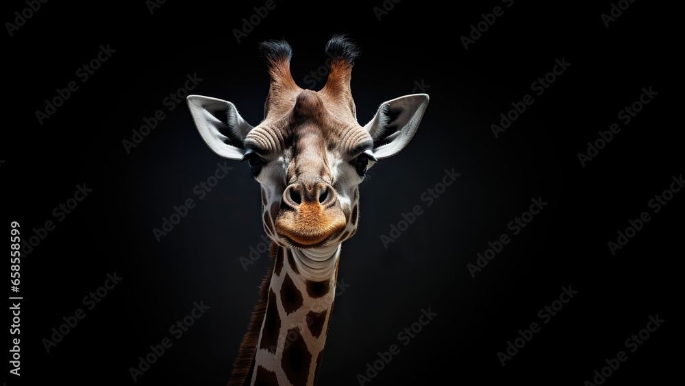 Fototapeta premium Giraffe on black background, in the style of contemporary realism portrait.