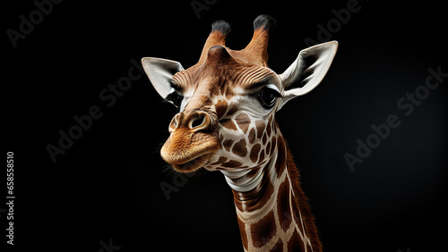 Giraffe on black background, in the style of contemporary realism portrait