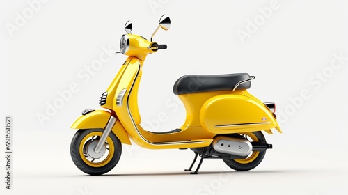 Isolated yellow retro vintage scooter on white background. Personal transportation in the modern era. A classic motor scooter from the side. Step Through Frame Electric Motorcycle.