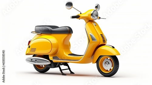 Isolated yellow retro vintage scooter on white background. Personal transportation in the modern era. A classic motor scooter from the side. Step Through Frame Electric Motorcycle.