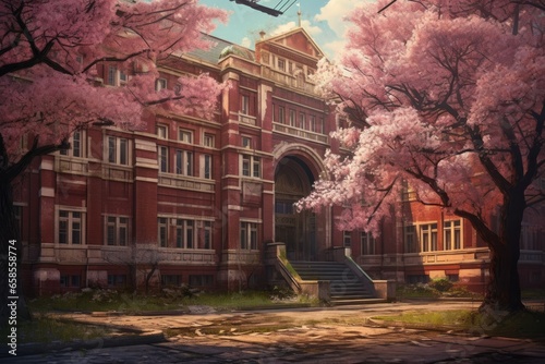 school buildings and cherry trees photo