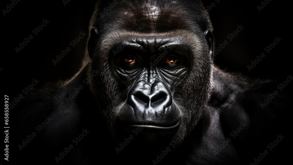 Gorilla on black background, in the style of contemporary realist portrait photography.