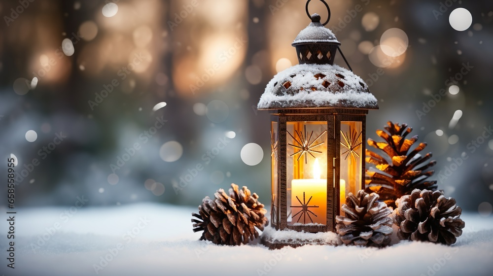 Winter Wonderland: Christmas Lantern and Pine Cone Decoration in Snowy Landscape with Enchanting Bokeh Winter Wonderland: Christmas Lantern and Pine Cone Decoration in Snowy Landscape with Enchanting Bokeh