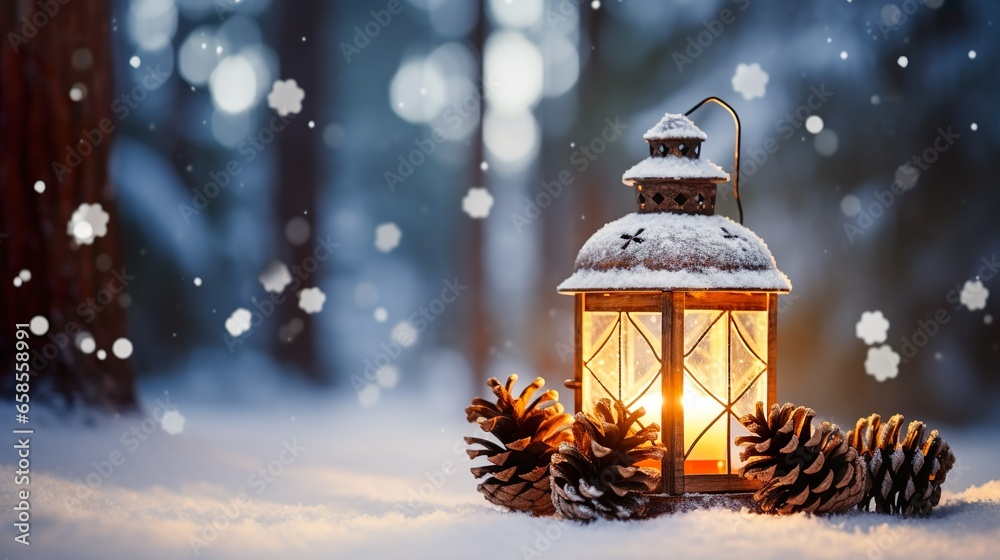 Winter Wonderland: Christmas Lantern and Pine Cone Decoration in Snowy Landscape with Enchanting Bokeh