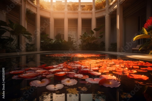 Pond flower mansion nature. Water garden. Generate Ai