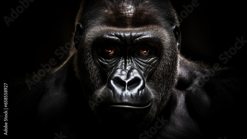 Gorilla on black background, in the style of contemporary realist portrait photography. © Andriy