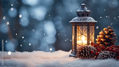 Winter Wonderland: Christmas Lantern and Pine Cone Decoration in Snowy Landscape with Enchanting Bokeh