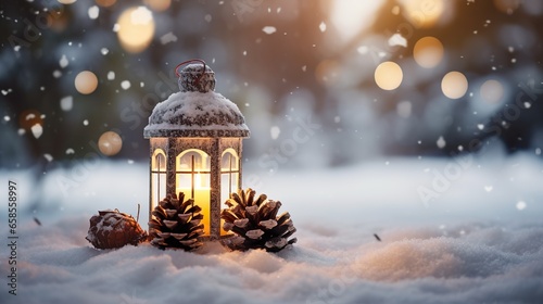 Winter Wonderland: Christmas Lantern and Pine Cone Decoration in Snowy Landscape with Enchanting Bokeh