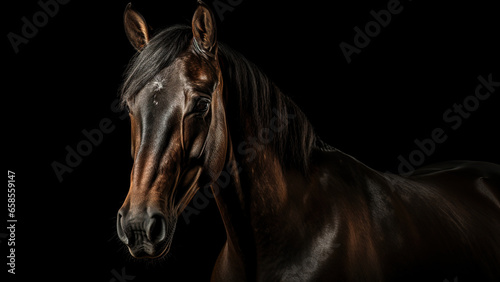 Horse on black background  in the style of contemporary realist portrait.