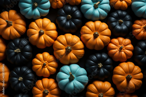 Halloween background illustration featuring a vibrant palette of blue and orange pumpkins. Ai generated