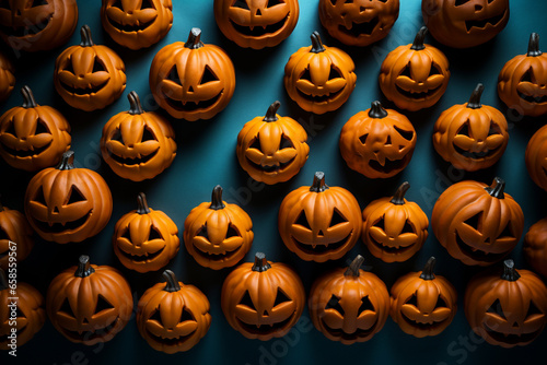 Halloween background illustration featuring a vibrant palette of blue and orange pumpkins. Ai generated