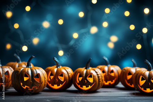 Halloween background illustration featuring a vibrant palette of blue and orange pumpkins. Ai generated