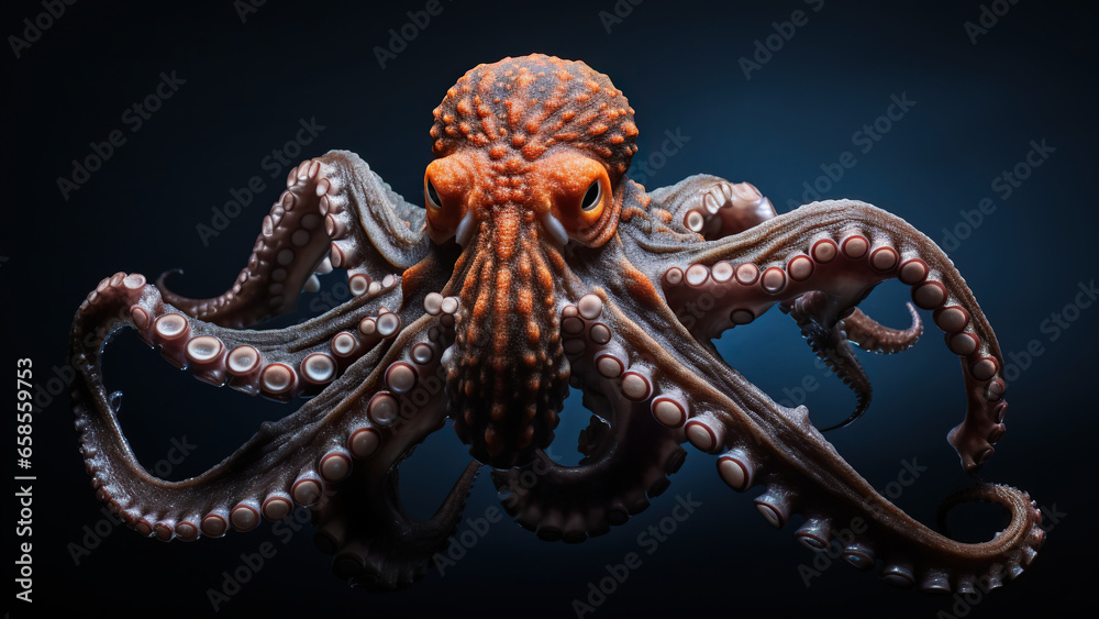 Obraz premium Octopus on black background, in the style of contemporary realist portrait.
