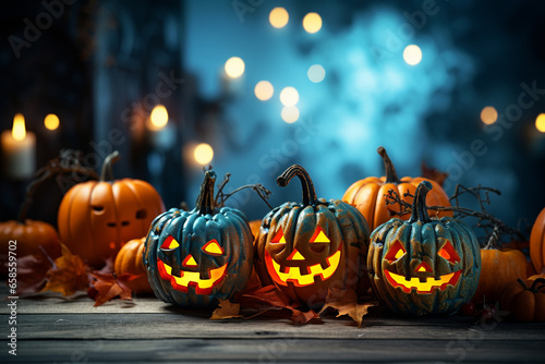 Halloween background illustration featuring a vibrant palette of blue and orange pumpkins. Ai generated