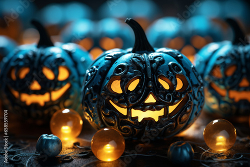 Halloween background illustration featuring a vibrant palette of blue and orange pumpkins. Ai generated