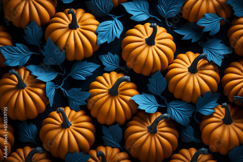 Halloween background illustration featuring a vibrant palette of blue and orange pumpkins. Ai generated