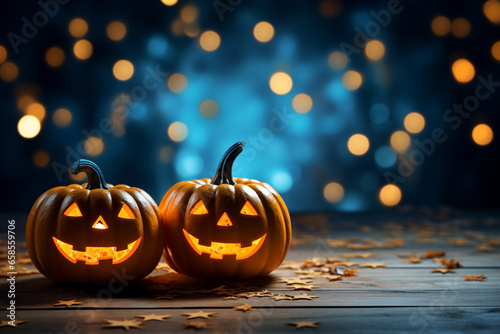 Halloween background illustration featuring a vibrant palette of blue and orange pumpkins. Ai generated