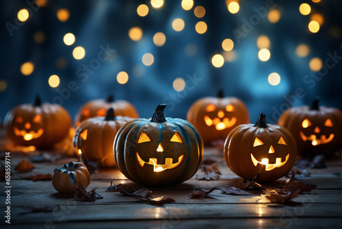 Halloween background illustration featuring a vibrant palette of blue and orange pumpkins. Ai generated