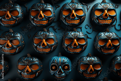 Halloween background illustration featuring a vibrant palette of blue and orange pumpkins. Ai generated