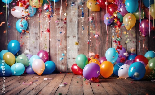 Colorful carnival or party frame of balloons, streamers and confetti on rustic wooden board