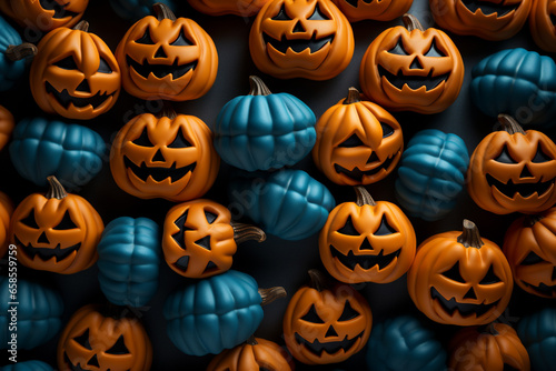Halloween background illustration featuring a vibrant palette of blue and orange pumpkins. Ai generated
