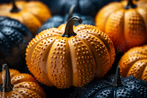 Halloween background illustration featuring a vibrant palette of blue and orange pumpkins. Ai generated