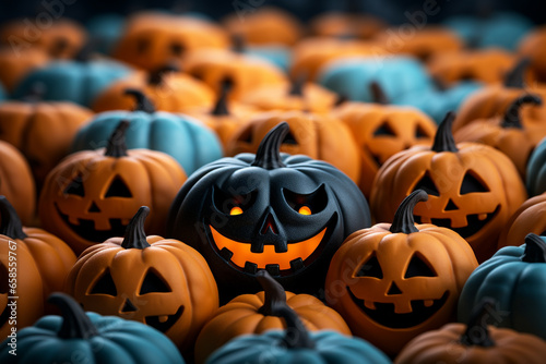 Halloween background illustration featuring a vibrant palette of blue and orange pumpkins. Ai generated