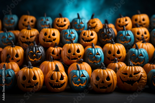 Halloween background illustration featuring a vibrant palette of blue and orange pumpkins. Ai generated