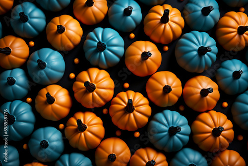 Halloween background illustration featuring a vibrant palette of blue and orange pumpkins. Ai generated
