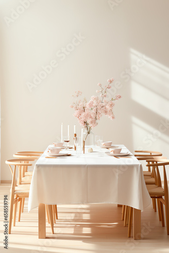 A beautifully set dining table with a clean and elegant white tablecloth photo