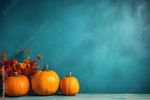 Halloween background illustration featuring a vibrant palette of blue and orange pumpkins. Ai generated